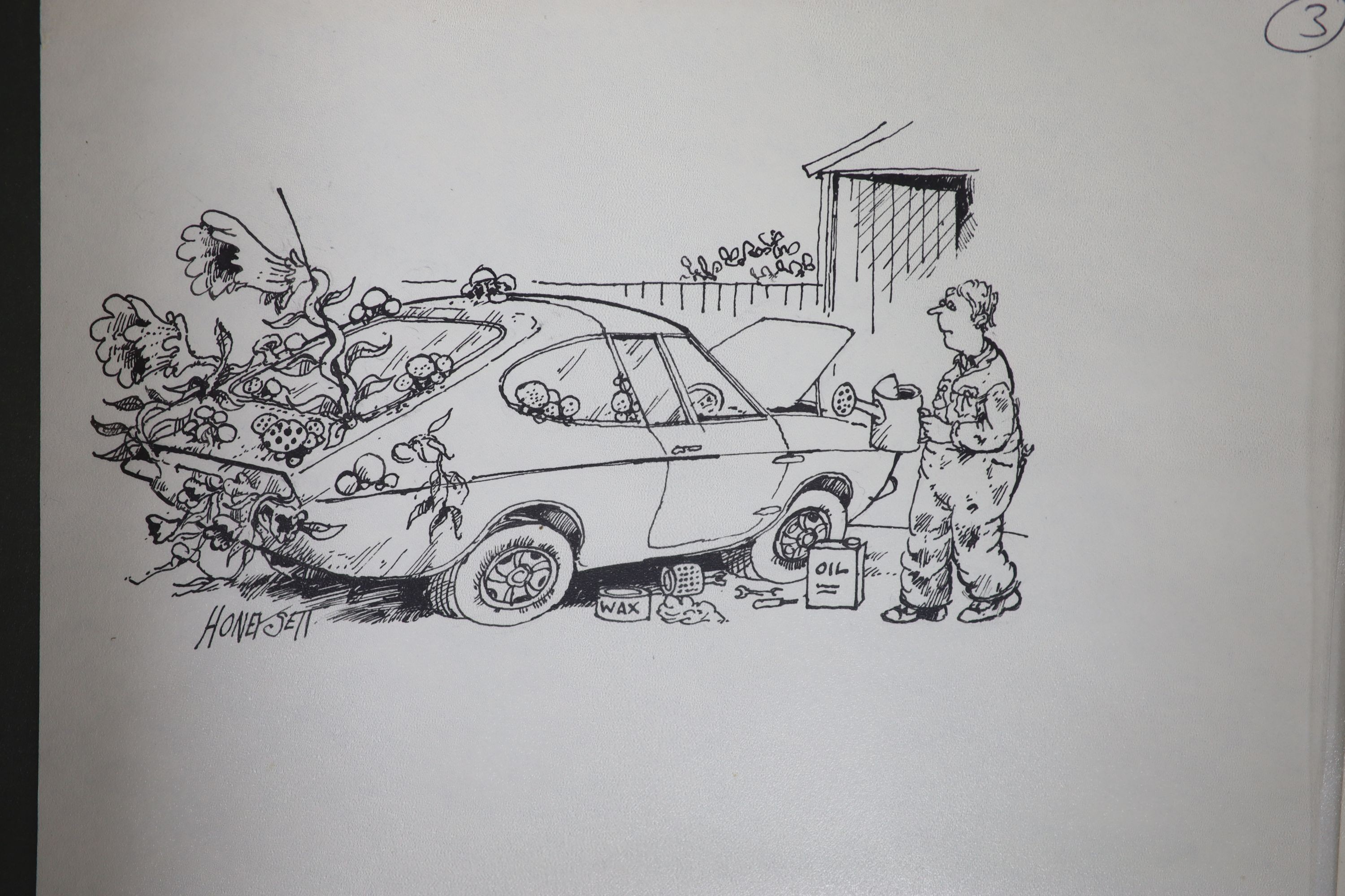 Martin Honeysett (b.1943-), four original cartoons, three wheeler Rolls Royce (Kitcars, Sept 1982), car cleaning, shortening the chassis...(Kitcars July 1982) and water-logged, signed, 20.5 x 30cm. unframed.